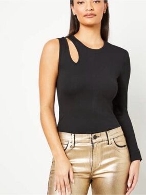 BCBGMaxAzria Black Asymmetrical One-Sleeve Cutout Top